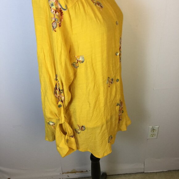 Anthropologie Fig & Flower Top Shirt XL Womans Yellow Embroidered Button Up Boho - Picture 14 of 16